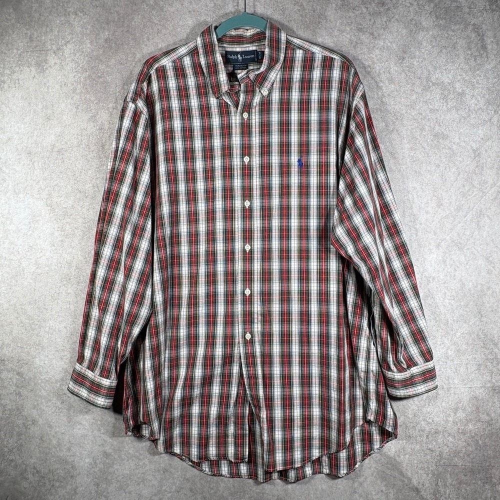 Ralph Lauren Button Down Shirt Mens 17.5 Red Green White Yarmouth Plaid Cotton